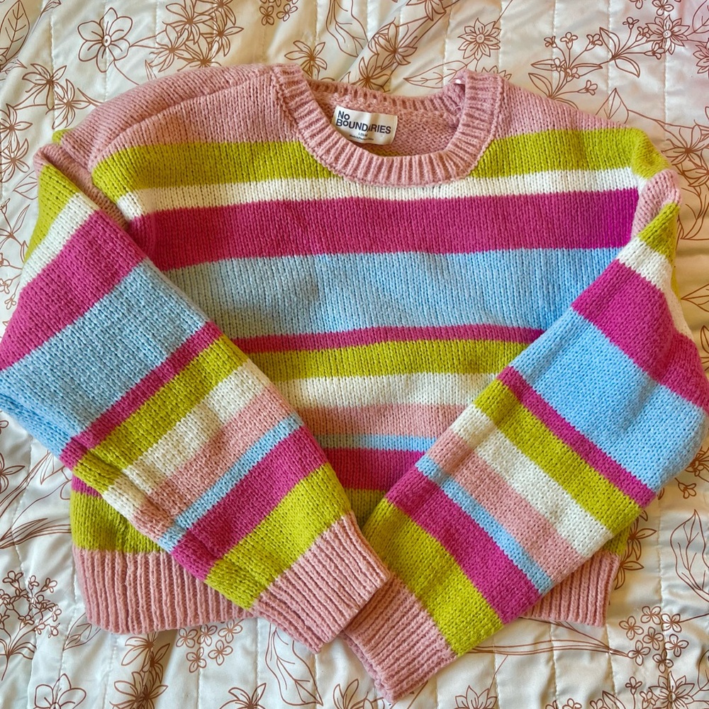 No Boundaries Women's Striped Sweater - Pink, Blue, Green